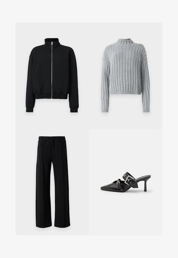 Must värviline tõmblukuga jakk kõrge kaelusega, tekstuuriga kangas, elastseteمانšettide ja servaga, millel on hõbedane tõmblukk logodetailidega.; Heled hallid kootud sviiter, millel on soonikustruktuur, noku kaelus, pikad varrukad ja veidi lühike lõige.; Mustad sirged püksid elastse vöökoha ja peene tekstuuriga mustril kogu kanga ulatuses valgel taustal.; Mustad mustad kõrged kontsad, terava toe ja siledast nahast. Omab laia pahkluu rihma ruudukujulise hõbedase klambri ja nurgakujuliste naeltega.