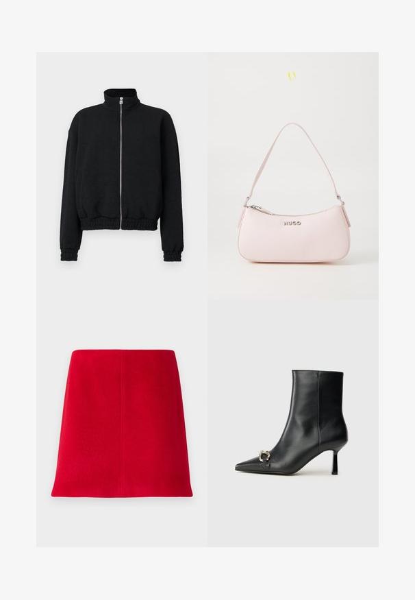 Fekete zipzáras dzseki magas gallérral, textúrált anyagból, elasztikus mandzsettákkal és szegéllyel, ezüst színű cipzárral és logóval ellátva.; Fehér, hosszú ujjú, galléros ing, amely pamutból készült. Gombos elülső része és egyetlen mellzsebe van. Simított textúra, laza szabás.; Piros mini szoknya textúrált anyagból, egyenes vonalakkal. A dizájn sima elejével és díszítések nélküli letisztult vonalaival tűnik ki.; Fekete bőr bokacsizma hegyes orral, vékony közép magasságú sarokkal és ezüst csattal az oldalon, sima háttér előtt.; Rózsaszín bőr kézi táska ívelt dizájnnal, cipzáros záródással és vállpánttal. Elöl ezüst logó található.