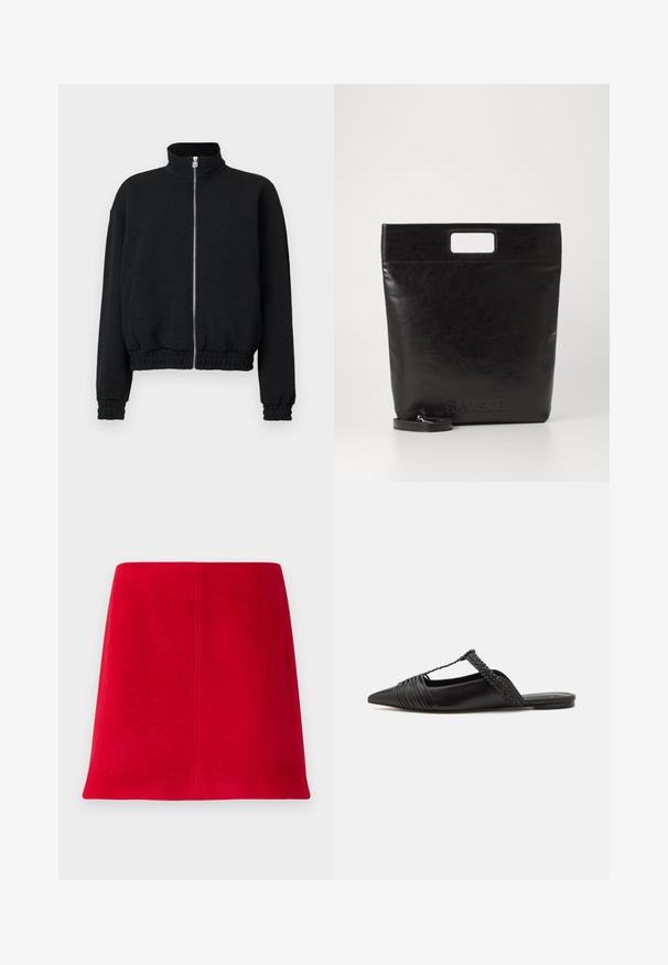Czarna kurtka zapinana na zamek z wysokim kołnierzem, teksturowana tkanina, elastyczne mankiety i dół, z srebrnym zamkiem błyskawicznym z detalami logo.; Biała, długosleeve'owa koszula z kołnierzykiem, wykonana z bawełny. Posiada zapięcie na guziki z przodu oraz jedną kieszeń na piersi. Gładka tekstura, luźny krój.; Czerwona mini spódnica wykonana z teksturowanej tkaniny o prostym kroju. Projekt wyróżnia się bezszwowym przodem i czystymi liniami bez ozdób.; Czarny skórzany but na odkrytej pięcie z pointed toe, ozdobiony plecionym akcentem i plisowanym wzorem górnej części. Płaska podeszwa z minimalnymi elementami.; Czarna skórzana torba na ramię z kwadratowym uchwytem, z teksturowanym wykończeniem i wytłoczonym logo. Zawiera odpinany pasek.