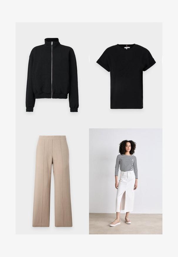 Juodas zip-up džemas su aukštu apykakle, tekstūruota medžiaga, elastinėms rankogaliai ir apatinė dalis, su sidabriniu užtrauktuku su logotipo detalėmis.; Juodas medvilninis marškinėliai su trumpomis apvyniotomis rankovėmis, turintys reljefinį logotipą centre ir mažą vėliavėlės akcentą šone.; Šviesiai rudos plačių kojų kelnes, pagamintas iš lengvos medžiagos, su priekine raukšle, lygiu juosmeniu ir tiesia forma su švariais aptakiais kraštais.; Balta džinsinė sijonas su priekine skyle, derinamas su juodai baltu dryžuotu ilgomis rankovėmis marškinėliais ir béžiniais sportbačiais. Plokščias, kasdienis dizainas.