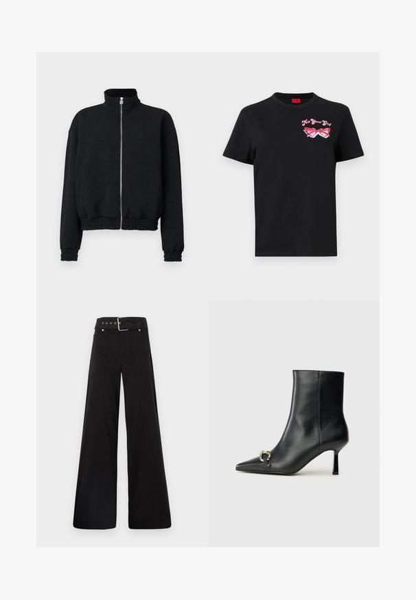 Schwarze Zip-Jacke mit hohem Kragen, strukturiertem Stoff, elastischen Bündchen und Saum, ausgestattet mit einem silbernen Reißverschluss mit Logo-Detail.; Schwarzes Baumwoll-T-Shirt mit kurzen Ärmeln, das auf der linken Brustseite eine pinkfarbene Grafik von Sonnenbrillen und den Text "Not Your Girl" zeigt.; Schwarze weitgeschnittene Hose aus Baumwolle, mit hoher Taille, großen Seitentaschen und einem taillierten Bund mit silbernen Hardware-Akzenten.; Schwarze Leder-Stiefelette mit spitzer Zehe, schlankem, mittelhohem Absatz und silberner Schnalle seitlich vor einem schlichten Hintergrund.