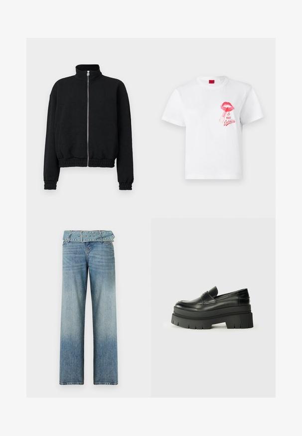 Veste zippée noire avec un col montant, tissu texturé, poignets et ourlet élastiques, dotée d'une fermeture éclair argentée avec des détails de logo.; T-shirt en coton blanc à manches courtes, orné d'un motif de lèvres roses et d'un graphic de rouge à lèvres, accompagné du texte "La Nuit Devious."; Jeans en denim bleu clair avec une coupe évasée, dotés d'une taille ceinturée assortie et d'une décoloration progressive du foncé vers le clair.; Mocassins en cuir noir avec une semelle plateforme épaisse. Bout arrondi, détail de couture sur le devant et accents de surpiqûres subtils. Semelle plate et texturée.