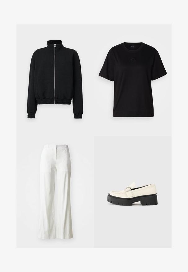 Zwarte ritssluiting jack met een hoge kraag, textuurstof, elastische manchetten en zoom, met een zilveren rits met logo-details.; Zwarte katoenen t-shirt met een ronde hals, korte mouwen en een geborduurd logo op de borst. Eenvoudige, comfortabele pasvorm zonder patronen.; Witte, hoge taille wijde broek gemaakt van lichtgewicht stof. Kenmerkt zich door een vlakke voorkant, achterzakken en een schone, eenvoudige uitstraling.; Witte leren loafer met een stevige zwarte plateauzool, voorzien van een rechthoekige zilveren gesp en zichtbare stiksels op de bovenkant.