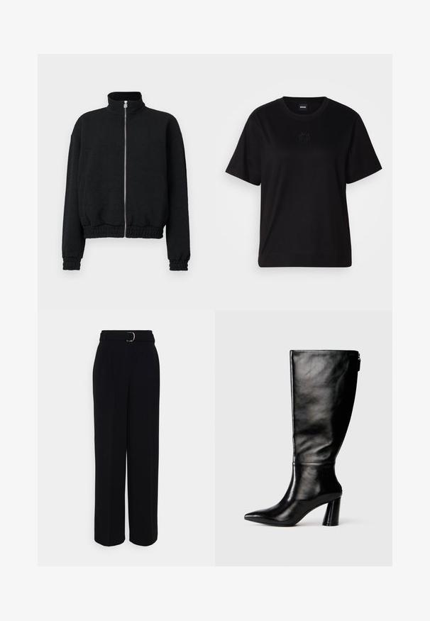 Must värviline tõmblukuga jakk kõrge kaelusega, tekstuuriga kangas, elastseteمانšettide ja servaga, millel on hõbedane tõmblukk logodetailidega.; Mustmust särk, millel on ümar kaelus, lühikesed varrukad ja tindiga tikitud logo rinnal. Lihtne, mugav lõige ilma mustriteta.; Mustad mustad püksid laia sääre kujundusega, millel on hõbedane kinnitusega vöö, voldid ja sile kangas.; Knee-high musta nahksaabas terava nina, siledat pinnad ja paks konts. Tagaküljel on tõmblukk.