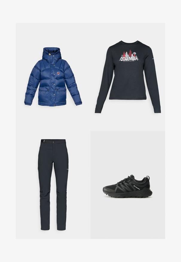 Fjällräven EXPEDITION DOWN LITE JACKET W - Untuvatakki - navy; Tummanharmaa pitkähihaisen paidan graafinen kuva punaisista puista ja vuorista; "COLUMBIA" -logo lihavoituna valkoisella tekstillä. Pehmeä kangas, normaali pyöreä kaula-aukko.; Miestne vonkajšie nohavice, tmavo šedé, vyrobené z flexibilného materiálu, s opaskom, zipsovými vreckami a zosilneným šitím.; Columbia PEAKFREAK - Vaelluskengät - black
