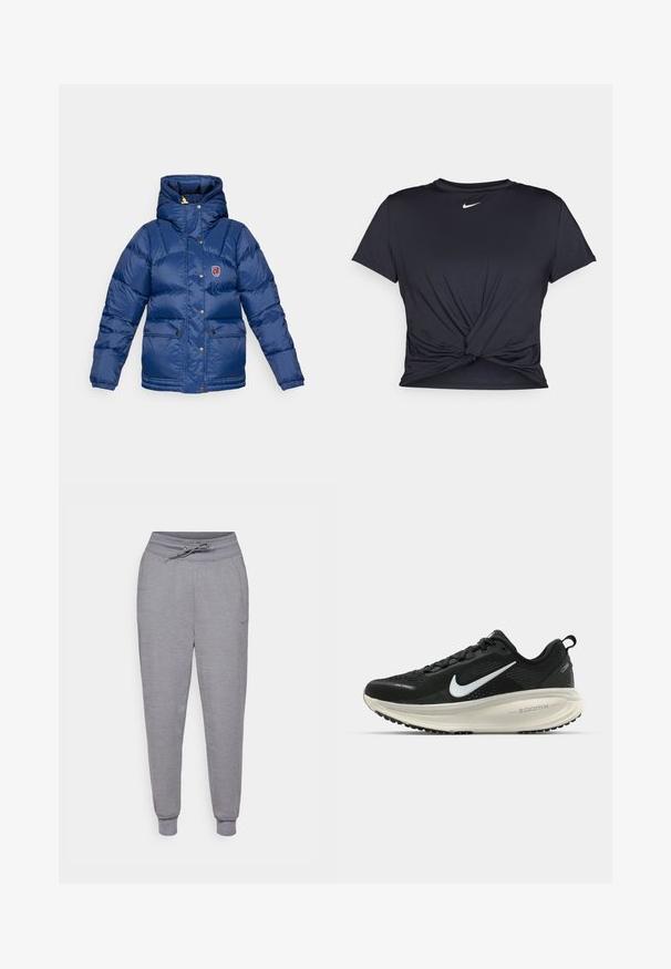 Fjällräven EXPEDITION DOWN LITE JACKET W - Pūkinė striukė - navy; Juodas sportinis marškinėlis, pagamintas iš lygios medžiagos, su surišta priekiu ir mažu baltu Nike logotipu ant krūtinės.; Pilkos siaurėjantys sportiniai kelnių su raišteliu juosmenyje, elastingais kulkšnių kraštais ir subtiliu Nike logotipu kairiajame šlaunyje. Švelni, tekstūruota medžiaga.; Juodas Nike sportinis batelis su kvėpuojančiu tinklu, baltu swoosh logotipu, tekstūruoto dizaino detalėmis ir grietinėlės spalvos ZoomX viduriu.