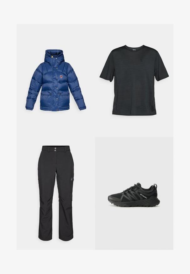 Fjällräven EXPEDITION DOWN LITE JACKET W - Gewatteerde jas - navy; Zwart athletic shirt met korte mouwen, gemaakt van lichtgewicht, vochtregulerende stof. Voorzien van een ronde hals en een klein logo op de borst.; Zwarte outdoor pants met een rechte snit, voorzien van een knoopsluiting, ritszakken aan de zijkant en een logo-label op de linker bovenbeen.; Columbia PEAKFREAK - Outdoorschoenen - black