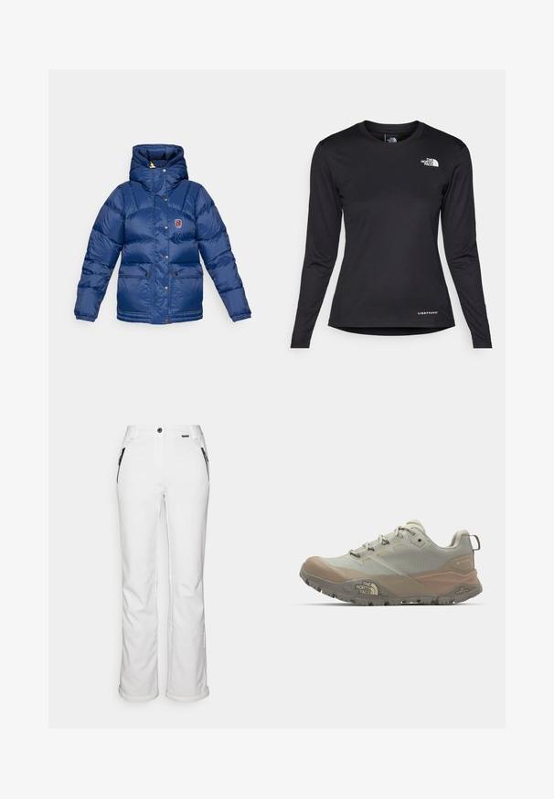 Fjällräven EXPEDITION DOWN LITE JACKET W - Pūkinė striukė - navy; The North Face SHADOW LONG SLEEVE - Ilgarankovis viršutinės dalies drabužis - black; Balti slidinėjimo kelnės tiesaus kirpimo, su juodomis kišenėmis su užtrauktukais ir mygtuko uždarymu liemens srityje. Sklandus, tvirtas audinys.; Šviesiai pilkos sportinės bateliai su smėlio spalvos akcentais, pagaminti iš sintetinių medžiagų. Turi tvirtą pado dizainą, raiščiais užsegamas ir logotipą šone.