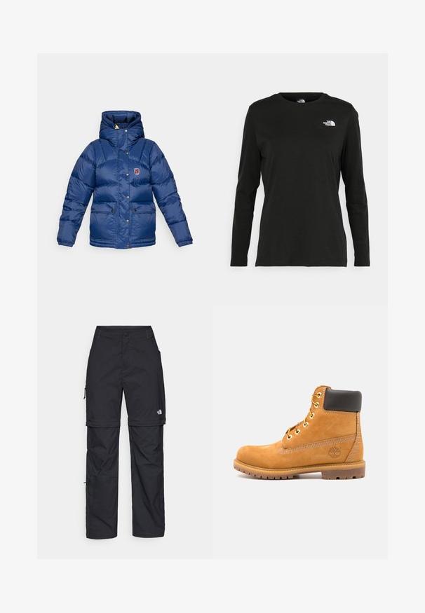 Fjällräven EXPEDITION DOWN LITE JACKET W - Chaqueta de plumas - navy; Camiseta de manga larga negra de algodón con cuello redondo. Presenta un pequeño logotipo blanco en la parte izquierda del pecho. Diseño y ajuste simples.; Pantalones cargo de nailon negro con cremallera desmontable, puños ajustables, múltiples bolsillos y un logotipo en la pierna derecha. Textura suave y ligera.; Botín de cuero marrón con acolchado negro, ojales dorados y suela texturizada. Presenta un logotipo circular en el costado y acentos de costura.