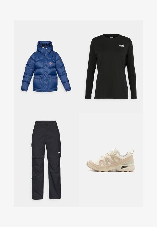 Fjällräven EXPEDITION DOWN LITE JACKET W - Dunjakker - navy; Sort langærmet t-shirt lavet af bomuld med rund hals. Har et lille hvidt logo på venstre brystområde. Enkel design og pasform.; Sorte nylon cargo bukser med lynlås, justerbare manchetter, flere lommer og et logo på højre ben. Glat, let tekstur.; Beige og creme atletiksko med struktureret mesh-overdel, støttende overlays og gummiyderside med et mønster for trækkraft.