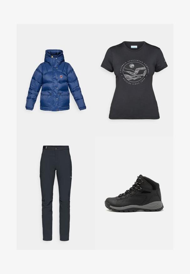 Fjällräven EXPEDITION DOWN LITE JACKET W - Sulejope - navy; Musternine Columbia T-särk mustas värvuses, millel on valge ümmargune mägi ja jõe joonistus ning tekst "Columbia Sportswear Company Outside Since 1938."; Meeste välkpüksid, tumehallid, valmistatud paindlikest materjalidest, vöökohaga, tõmblukuga taskud ja tugevdatud õmblused.; Mustarjaline matkasaabas, millel on keskmine disain, tekstuuriga ülemine osa, hallid aktsendid ja vastupidav kummist põhi, millel on haardelugesid.