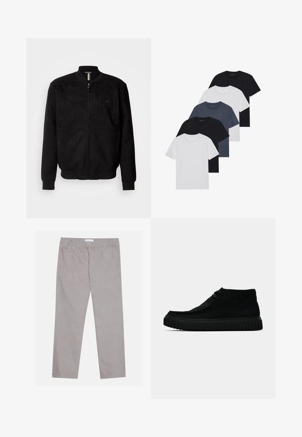 Crna zamjena bomber jakna s punim zatvaranjem na zip, rebrastim manžetama i rubom, te minimalističkim logotipom na prsima.; Set od pet majica u crnoj, bijeloj i tamnoplavoj boji. Pamuk, kratki rukavi, kružićasti izrez i jednolična tekstura bez uzoraka.; Svijetlosive pamučne hlače s elastičnom pojasom, dva bočna džepa, ravni kroj nogavica i glatka tekstura. Jednostavni detalj šivanja.; Crne čizme do članka izrađene od mekog materijala, s okruglim vrhom, minimalnim vezivanjem i teksturiranom gumenom potplatom s vertikalnim utorima.