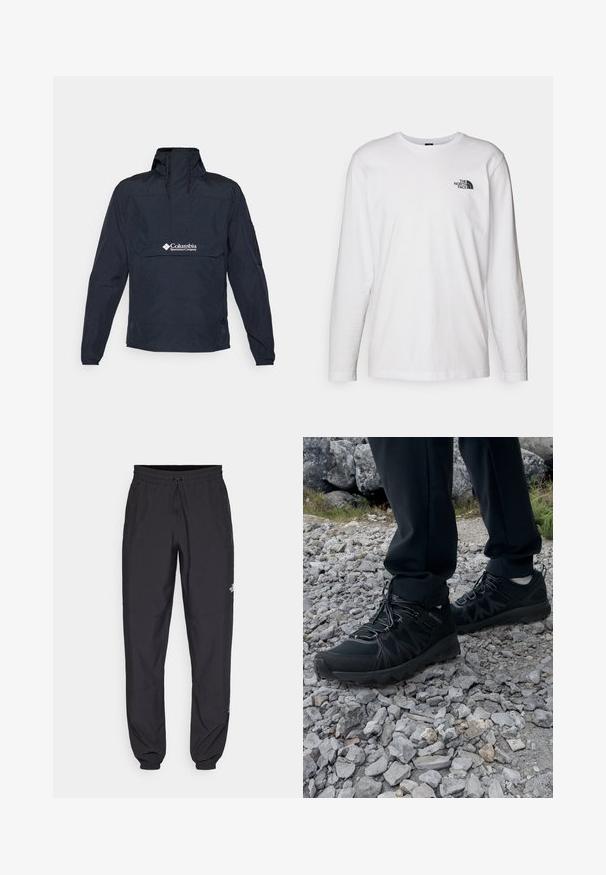 Tummansininen anorakki, joka on valmistettu kevyestä materiaalista. Takeessa on korkea kaulus, etutasku ja logo rinta-alueella. Pitkähihaiset hihat.; Valkoinen pitkähihaisen T-paita, joka on valmistettu puuvillasta ja jossa on pyöreä kaula-aukko. Rintamuksessa on pieni musta logo. Sileä kangas, normaali malli.; Mustat urheiluhousut, jotka on valmistettu kevyestä kankaasta. Housuissa on naru vyötäröllä, sivutaskut ja kapenevat hihnat nilkoissa.; Mustat ulkokengät, joissa on verkko- ja synteettinen materiaali, teksturoitu päällinen, varma nauhoitusjärjestelmä ja kestävä pohja kivikkoisella maastolla.