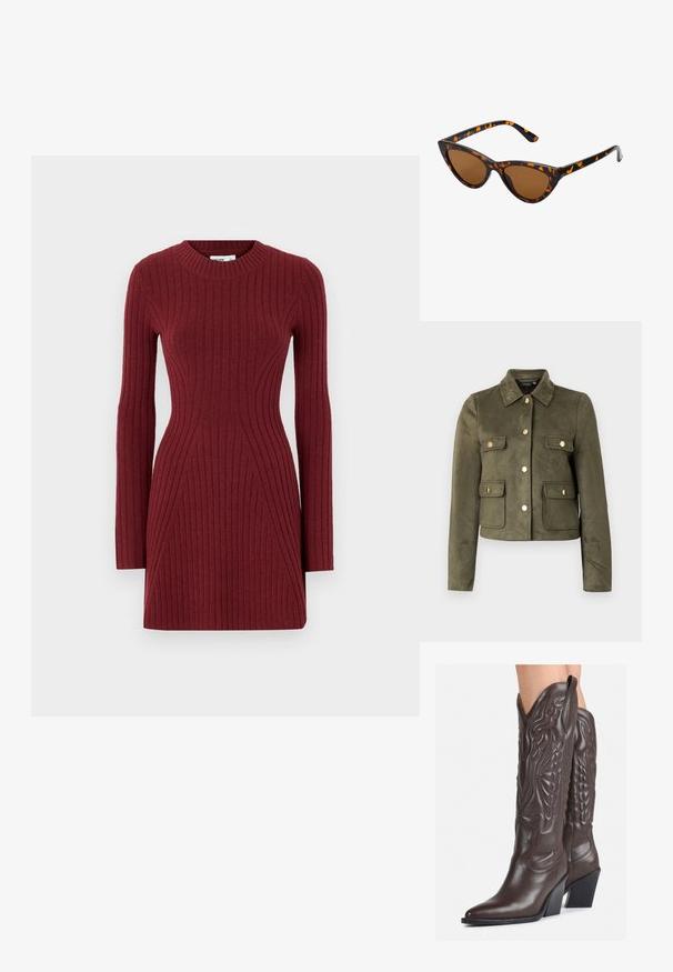 Olivnozeleni suede jopič s ovratnikom, sprednjimi gumbi in dvema žepoma na prsih, ki imata zlate detajle. Kratek dizajn z dolgimi rokavi.; Rebrasta pletena obleka v globoko burgundski barvi z dolgimi rokavi, okroglo ovratnikom in oprijetim krojem, ki se ponaša z geometrijskimi črtami za strukturiran videz.; Rjave usnjene kavbojske čevlje z ostrim nosom in blok peto, ki vsebujejo podrobno šivanje in dvignjene dodatke na zgornjem delu.; Mačje oči sončna očala z okvirom v črno-oranžni želvej ohišji, rjavimi lečami in elegantnimi, ostrimi konicami. Imajo minimalistični logo na ročaju.