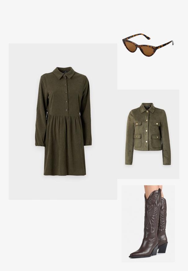 Olivenfarget semsket skinnjakke med krage, frontknapper og to brystlommer med gull detaljer. Kuttet design med lange ermer.; Olivgrønn kordfløyelskjole med lange ermer, knapping foran, spiss krage og flagrende skjørt. Har subtil vertikal ribbete tekstur.; Brune skinncowboystøvler med spiss tå og blokkhelt, med detaljerte sømmer og hevede detaljer på skaftet.; Kattøye solbriller med en svart og oransje skjellramme, brune linser og elegante, spisse tupper. Har en minimalistisk logo på stangen.; Liten kremfarget håndveske med teksturert overflate, lang justerbar stropp, kjedeakenter og klaffelukking. Detaljer i gullfarge.