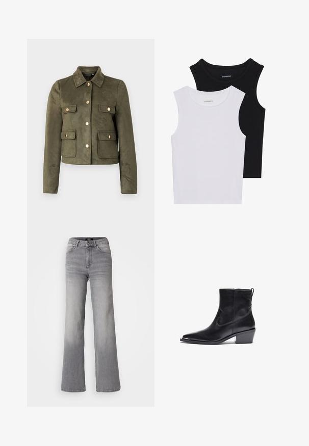 Olive green suede jacket with a collar, front buttons, and two chest pockets featuring gold accents. Cropped design with long sleeves.; Two sleeveless tops in black and white, made of ribbed cotton, featuring round necklines and a fitted design. Labels visible on both.; High-waisted straight-leg gray denim jeans with front button and zipper, front and back pockets, and faded shading on thighs and calves.; Black leather ankle boot with a pointed toe and low block heel. Features a side zipper and minimal stitching details for a sleek design.