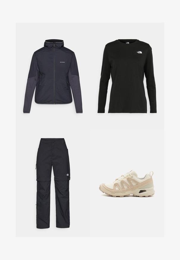 Tummansininen eristetty takki, jossa on korkea kaulus, vetoketjukiinnitys ja kaksi sivutaskua. Hihoissa on kontrastiväriset rakenteelliset paneelit. Vesitiivis materiaali.; Musta pitkähihaisen t-paita, joka on valmistettu puuvillasta ja jossa on pyöreä kaula-aukko. Vasemmassa rinnassa on pieni valkoinen logo. Yksinkertainen muotoilu ja istuvuus.; Mustat nailonista valmistetut irrotettavat cargo-housut säädettävillä lahkeilla, useilla taskuilla ja logolla oikeassa jalassa. Liukas, kevyt rakenne.; Beige ja kreemi värvi sportlikud jalanõud, millel on tekstiilne mesh ülemine osa, toetavad ülekatted ja kummist tald, millel on mustripattern haardeks.