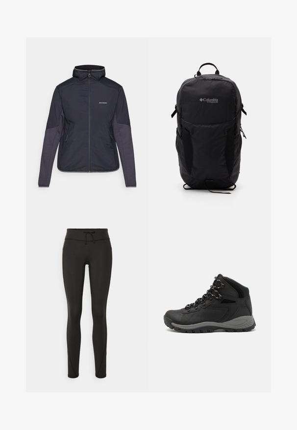 Tumši zilā izolētā jaka ar augstu apkakli, ar rāvējslēdzēja aizdari un divām sānu kabatām. Piedurkņu daļā ir kontrastējoši teksturēti paneļi. Ūdensnecaurlaidīgs materiāls.; Melnā Columbia T-kreklā ar baltu apļa kalnu un upes kontūru mākslu, kā arī tekstu "Columbia Sportswear Company Outside Since 1938."; Melnas legingi ar augstu jostasvietu, pievilkšanas auklu, gludu tekstūru un pieguļošu dizainu. Iekļautas šuvju detaļas gar sāniem.; Melni pārgājienu zābaki ar vidēju augstumu, ar teksturētu augšdaļu, pelēkiem akcentiem un izturīgu gumijas zoli ar saķeres izvirzījumiem.; Melnā Columbia Titanium mugursoma ar gludu auduma faktūru, sānu kabatām, augšējo rokturi un regulējamiem siksnām. Minimālistisks dizains ar diskrētu zīmola identifikāciju.