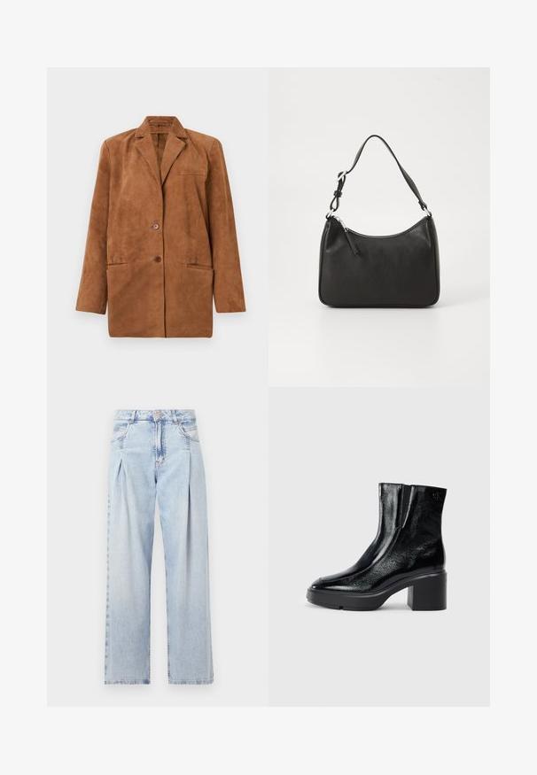 Pruun seemisjakke, millel on nurkadega krae, kaks esipainikut, rinna-welt tasku ja kaks madalamat klapp-taskut, esitlemine valgel taustal.; Mustaga V-kaelusega must topp, lühikeste varrukatega ja sidumisvõimalusega taljes. Varustatud tekstuuriga, mustrilise kangaga varrukatel ja siledas kehakangas.; Heledad sinise denimist valmistatud teksapüksid kõrge vöökohaga, laia jala lõikega, kahe külje taskuga ja pleedi disainiga. Pehme tekstuur ja pleekinud viimistlus.; Mustmustest must paeltega särkide, millel on kõver varvas, elastsed külgpaneelid ja jäme plokkpealse. Tagaküljel on reljeefne logo.; Must musta käekott, millel on kumer kuju, üks rihm, lukuga sulgemine ja peen brändimine esiküljel. Sile tekstuur, minimalistlik disain.