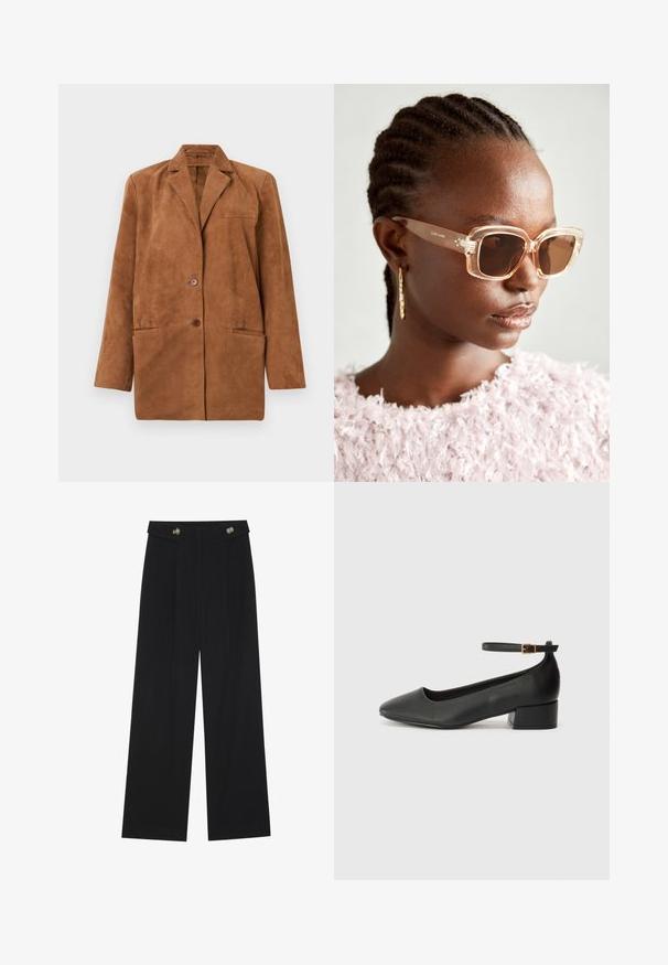 Hnědý semišový blejzr s výřezovými klopami, dvěma předními knoflíky, náprsní kapsou a dvěma dolními klopovými kapsami, vystavený na bílém pozadí.; Černý top s dlouhými rukávy, který má rozšířené manžety, jemnou texturu a volný střih, s jednoduchým kulatým výstřihem.; Černé široké kalhoty s vysokým pasem, detailní knoflíky na pase a přední záhyby.; Černé kožené lodičky s špičatou špičkou a nízkým blokovým podpatkem. Obsahují pásek kolem kotníku se zlatou sponou. Hladký povrch.; Béžové oversized sluneční brýle s transparentním rámem a hnědými skleněnými čočkami, které mají jemné květinové detaily a výrazný, geometrický design.; Černá kožená kabelka přes rameno s plochým tvarem, zlatými kovovými detaily a nastavitelným popruhem. Hladký povrch s minimem švů.
