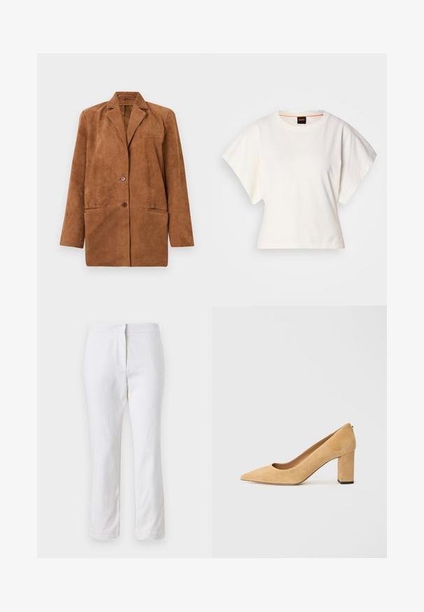 Ruskoinen samettitakki, jossa on taitetut läppiä, kaksi etunapilla, rintatasku ja kaksi alhaista läppätaskua, esitelty valkoisella taustalla.; Valkoinen lyhythihainen t-paita, leveät lyhyet hihat, pehmeää puuvillamateriaalia, pyöreä pääntie jossa hienovarainen oranssi reunus, minimaalinen muotoilu, ei kuvioita tai graafisia elementtejä.; Valkoiset puuvillahousut suoralla lahkeella, joissa on keskikorkea vyötärö ja ei näkyviä varusteita tai kuvioita. Ehjä pinta kauttaaltaan.; Beige mokkanahkainen korkokenkä, jossa on terävä kärki ja paksu lohko-korko. Materiaalissa on pehmeä rakenne ja sileä pinta.