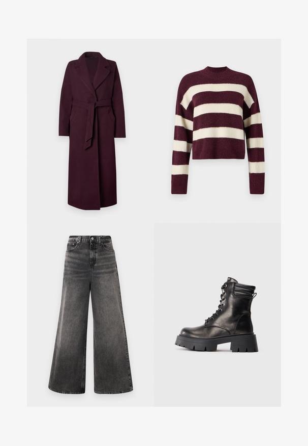 Duga tamno ljubičasta vunena kaput s širokim reverima, bočnim džepovima i remenom od istog materijala zavezanim u struku, na jednoličnoj pozadini.; Vero Moda VMINEZ PULLOVER BOO - Vesta - winetasting/birch; Široke crne traperice od denima sa izblijedjelim pranjem, dizajnom s pet džepova i gumbom na struku, s ukrasnim šavovima.; Crne kožne gležnjače s okruglim vrhom, debelim gumenim potplatom, vezanjem sprijeda, podstavljenim ovratnikom i petnom petljicom.