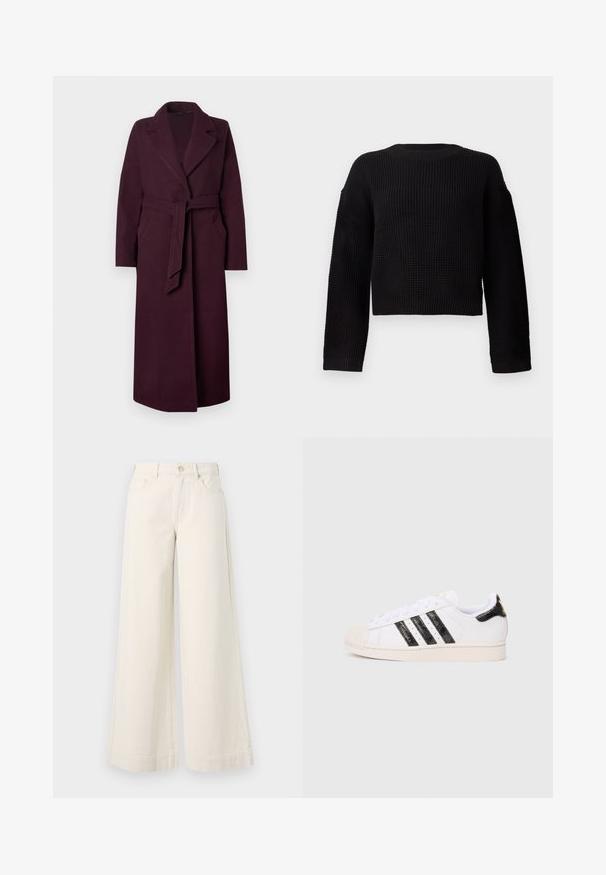 Hosszú, sötét lila gyapjú kabát széles hajtókákkal, oldalsó zsebekkel és derékon megkötött, azonos anyagú övvel, egy sík háttér előtt.; Fekete kötött pulóver kerek nyakkivágással, hosszú ujjal és rövidített fazonban. Texturált anyag bordázott mandzsettával és aljjal.; Széles szárú, világos bézs farmernadrág magas derékkal, két elülső zsebbel, gombos záródással és diszkrét varrási részletekkel.; Fehér edzőcipő fekete textúrázott csíkokkal és kiegészítőkkel; gumírozott orral, lapos fűzőkkel és párnázással a bokánál.