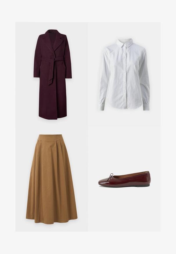 Pitkä tumma violetti villakangas takki, jossa on leveät kaulukset, sivutaskut ja vyötärölle solmittava samaa kangasta oleva vyö, yksinkertaista taustaa vasten.; Valkoinen napitettava paita, joka on valmistettu sileästä puuvillasta. Paidassa on klassinen kaulus, pitkät hihat ja kaareva helma. Nappien koko on pieni ja ne ovat valkoiset.; Ruskea puuvillainen A-linjainen hame korkealla vyötäröllä, jossa on laskokset edessä ja sileä pinta. Helma on viimeistelty siististi ja yksinkertaisesti.; Burgundin värinen lakattu nahkainen ballerinatossu pyöreällä varvaskärjellä, pienen nauhan yksityiskohdalla edessä ja matalalla mustalla kumipohjalla. Sujuva pinta.