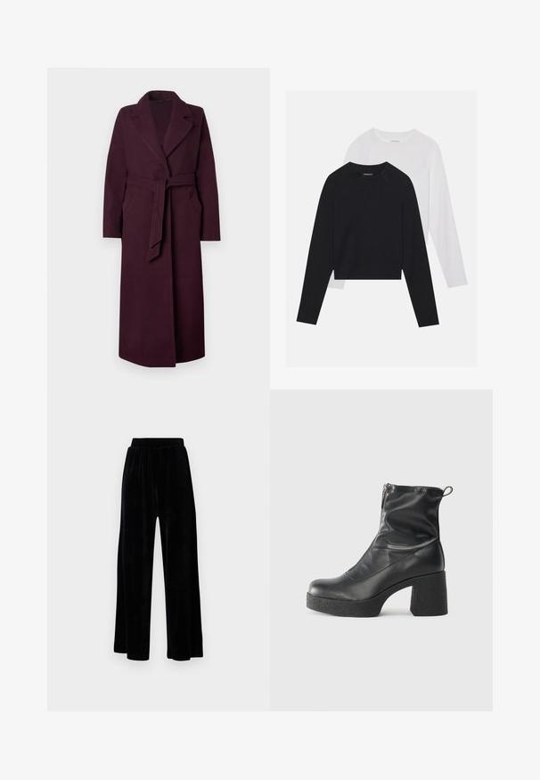Casaco longo de lã roxa escura com lapelas largas, bolsos laterais e um cinto de tecido a condizer atado na cintura, contra um fundo simples.; Duas camisas de manga longa: uma preta e uma branca. Ambas apresentam um decote redondo, mangas raglan e um tecido macio em mistura de algodão.; Calças largas pretas feitas de veludo suave, com um cós elástico e uma textura lisa, sem detalhes ou padrões visíveis.; Botas de tornozelo pretas feitas de couro liso, com fecho lateral, salto grosso texturizado e design de bico arredondado.