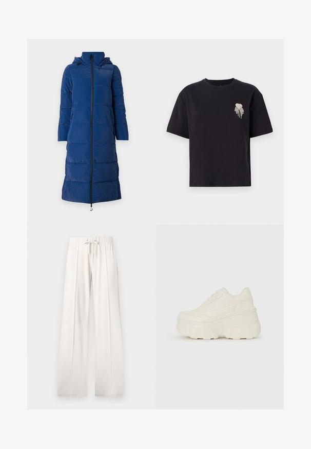 Tumesinine puffjakkk, millel on kapuuts, pikk disain, horisontaalselt tikitud tekstuur, ees luku sulgemine ja küljetaskud lukudega.; Must mustaga t-särk ümmarguse kaeluse ja lühikeste varrukatega, vasakul rinnal väike rhinestone'idega kaunistatud südamekujundus.; Heledad beežid püksid, mis on valmistatud pehmest kangast, millel on paelaga vöökoht, laiad sääred ja vertikaalsed õmblused, lisaks sujuv tekstuur.; Valged platvormi tõusukingad, millel on siledast nahast meenutav pealis, ümar kuju, pehmendatud kaelus ja tekstureeritud kummitald koos selgete hüdrofoobsete mustritega.