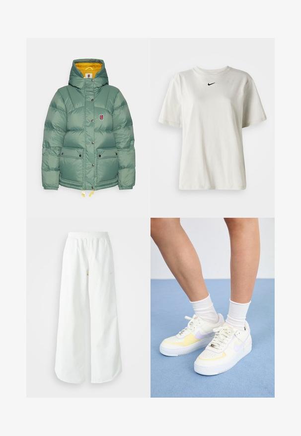Fjällräven EXPEDITION DOWN LITE JACKET W - Casaco de penas - patina green/mustard yellow; T-shirt de algodão branco com decote redondo e mangas curtas. Apresenta um pequeno logo preto da Nike no peito. Design simples e sem adornos.; Calças atléticas largas brancas com uma cintura canelada e um discreto detalhe de logótipo. Tecido suave com um corte relaxado e terminações ajustadas.; Sneakers de couro branco com detalhes em amarelo e lavanda, bico arredondado, cadarços planos e sola de borracha texturizada. Usados com meias brancas.