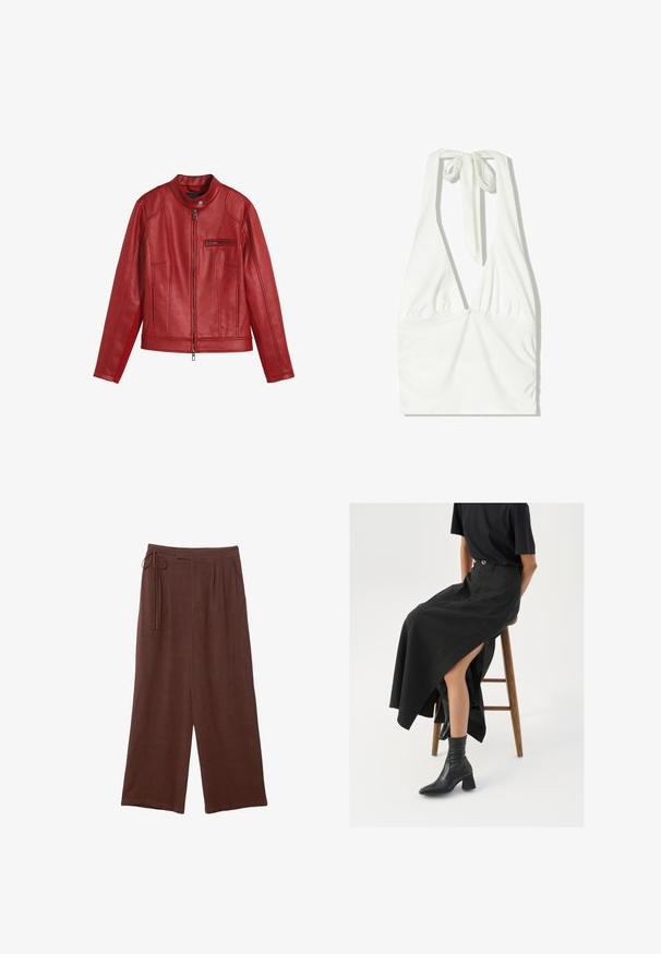 Veste en cuir rouge avec un col rond, fermeture éclair à l'avant et poche zippée. Présente des coutures verticales et une texture lisse.; Haut à bretelles blanc avec un décolleté en V profond, un devant froncé et un lien ajustable au cou. Fabriqué en tissu doux et texturé.; Pantalons larges marron avec une taille à cordon, dotés de plis et d'une texture douce, fabriqués en tissu léger.; Jupe maxi en lin noir avec une fente haute, portée avec un t-shirt noir et des bottes de cheville noires. Design minimaliste avec une coupe décontractée.