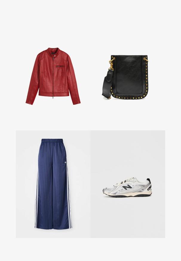 Rød læderjakke med rund krave, frontzip lukning og lynlås lomme. Har vertikale sømme og en glat tekstur.; Hvid skjorte med lange ærmer, flæset høj krave og lodret flæseaccent foran. Letvægts bomuldsstof.; Mørkeblå brede bukser med lodrette hvide striber, elastisk talje og tre hvide striber langs hver side, lavet af et let materiale.; Grå og hvid sportssko med en afrundet tå, mesh og syntetiske materialer, sorte accenter og en tekstureret gummisål.; Sort læderhåndtaske med guldnitter langs kanterne, flad form og justerbar rem med en guldhardwareklips.