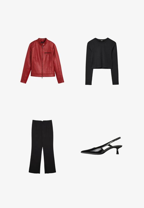 Rød læderjakke med rund krave, frontzip lukning og lynlås lomme. Har vertikale sømme og en glat tekstur.; Sort langærmet cropped top med rund halsudskæring, ensfarvet design og let buet kant.; Sorte bukser med lige pasform, der har frontlommer og slidser i kanten. Lavet af blødt, glat stof. Velegnet til forskellige anledninger.; Sorte patentlæder slingback hæle med spids tå, udskåret sideskærm og en lille firkantet hæl. Glat tekstur med minimale detaljer.