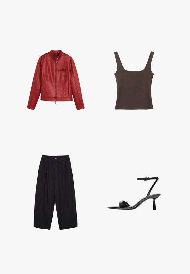 Crvena kožna jakna s okruglim ovratnikom, sprijeda sa zatvaračem na patentni zatvarač i džepom na patentni zatvarač. Ima okomite šavove i glatku teksturu.; Smešani smeđi top bez rukava sa kvadratnim izrezom, izrađen od mekanog, rastezljivog materijala. Ima kroj koji se uklapa i ravne šavne.; Crne poliester hlače culotte s elastičnim pojasom, dva prednja nabora i širokim krojem. Nema vidljivih uzoraka ili metalnih detalja.; Bershka Sandale s visokom petom - black