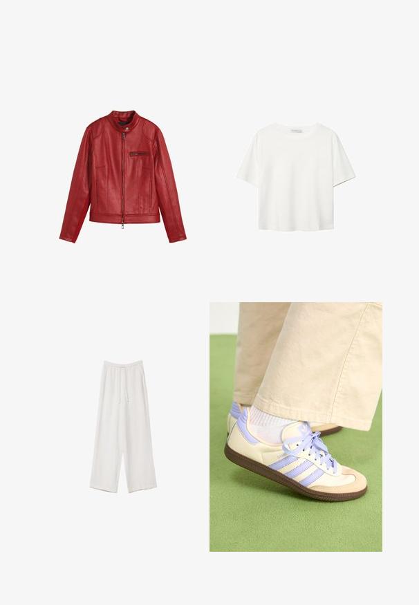 Rød læderjakke med rund krave, frontzip lukning og lynlås lomme. Har vertikale sømme og en glat tekstur.; Hvid kortærmet t-shirt lavet af bomuld. Har en rund halsudskæring og en afslappet pasform. Glat tekstur uden synlige mønstre eller detaljer.; Hvide bukser med bred benlængde lavet af et letvægtsstof. Har et elastisk talje med snor og sidelommer. Glat tekstur.; Creme og lavendel sneakers med tre striber og en tekstureret brun sål, der har snørebånd og en polstret hæl. Blødt stof øvre.
