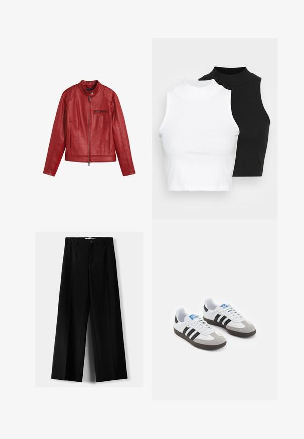 Jachetă din piele roșie, cu guler rotund, închidere cu fermoar frontal și buzunar cu fermoar. Prezintă cusături verticale și o textură netedă.; Două bluze fără mâneci, cu guler înalt, în culorile negru și alb, având un design ajustat și o textură netedă, cu o lungime scurtă.; Pantaloni negri cu picior larg, fabricați dintr-un material ușor, cu închidere frontală cu nasture și față plată, având tivuri cusute cu atenție.; Încălțăminte sport cu un superior din piele albă, vârf din suede gri și trei dungi negre. Prezintă un logo albastru pe limbă și o talpă din cauciuc texturat.