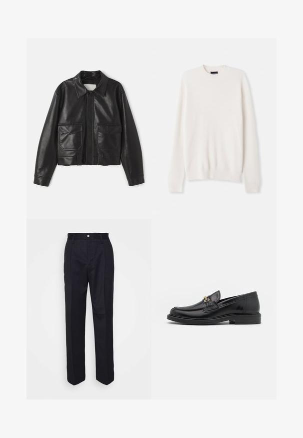 Črna usnjena jakna s ovratnikom, zadrgo in dvema sprednjima žepoma. Ima skrajšan dizajn in gladko teksturo.; Bela rebrasta pletena jopica s okroglim izrezom in dolgimi rokavi. Ima majhen izvezen logotip na prsih. Mehka tekstura, prilega se telesu.; Črne krojene hlače s ravnim krojem, narejene iz gladkega materiala, z zapenjanjem na gumb spredaj in dvema stranskima žepoma.; Črne usnjene loafers čevlje z zaobljenim prstom, ki imajo zlat nakit in podrobnosti šivanja, postavljene na nizko, teksturirano gumijasto podplat.