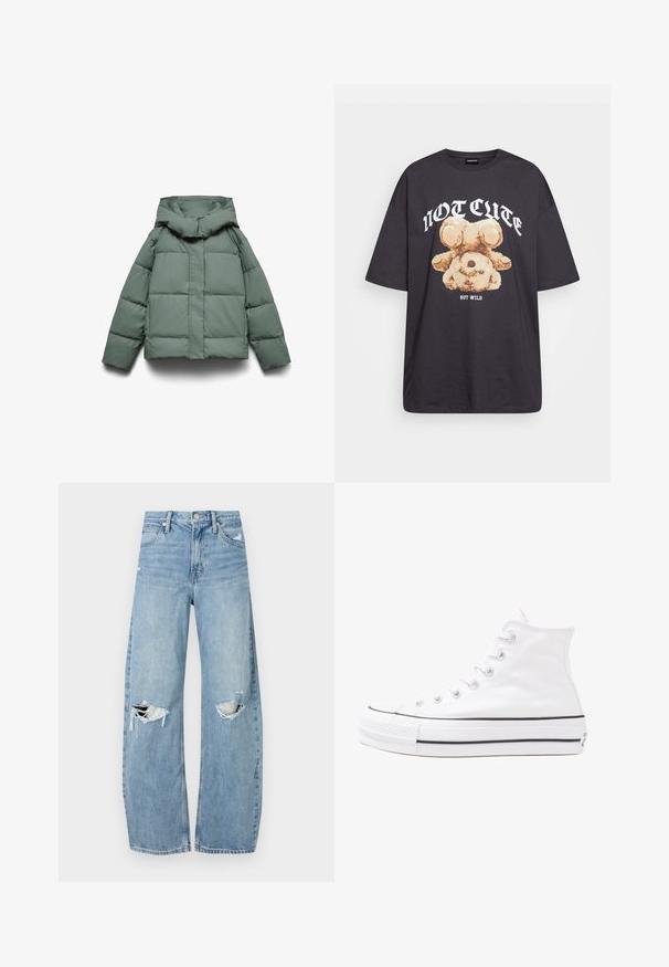 Zelena puhovka z široko kapuco, o kvadratni obliki, z nabranim vzorcem in sprednjo zadrgo. Brez vidne strojne opreme ali vzorcev.; Črna oversized majica s kratkimi rokavi, na kateri je grafika medveda z besedilom „NI SRČKAN VKLJUČNO Z DIVJIM“ v poudarjenem belem tisku. Material: bombaž.; Svijetloplave traperice visoki struk. Imaju široke nogavice, dva poderana područja na koljenima i klasičan petotoksi stil.; Beli visoki platneni športni čevelj z črnim gumijastim podplatom, sprednjim gumijastim zaščitnikom za prste in šestimi luknjicami za vezalke, ki se ponaša s preprostim, minimalističnim dizajnom.