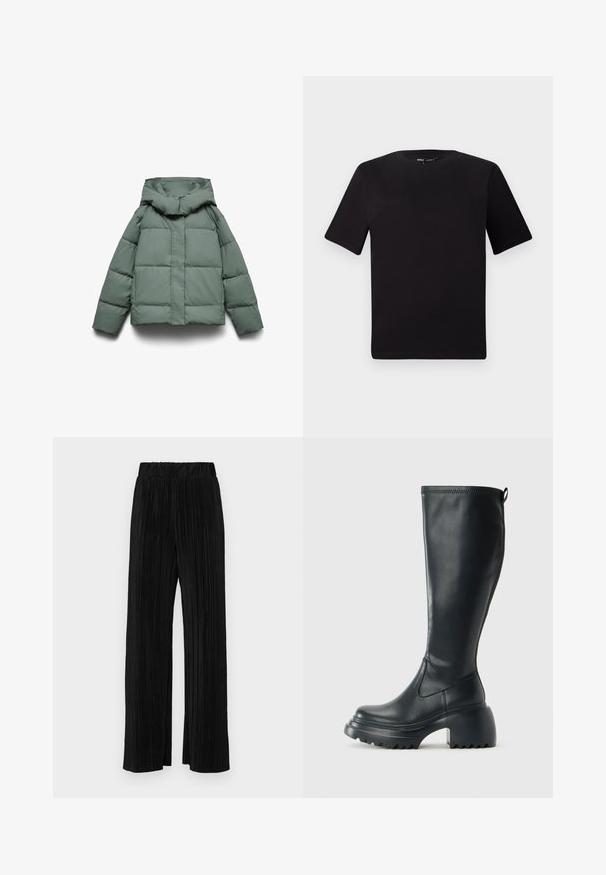 Green puffer jacket with a wide hood, featuring a boxy shape, quilted texture, and a front zip closure. No visible hardware or patterns.; Black short-sleeve t-shirt with a round neckline, crafted from soft cotton fabric. Simple design, no visible logos or patterns.; Black pleated trousers with an elastic waistband. Features wide legs and a smooth, textured fabric with vertical stripes.; Tall black leather boot with chunky platform sole and block heel, featuring pull tab and textured tread on outsole.