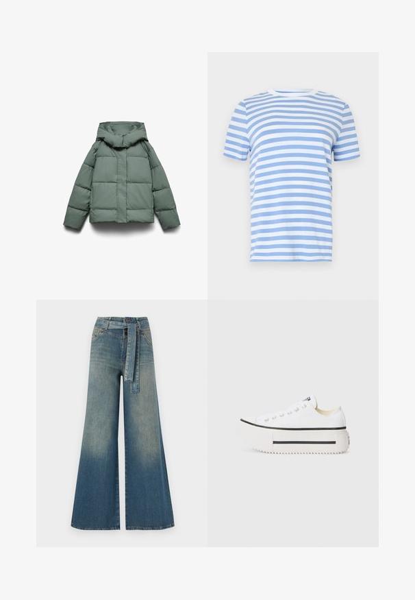 Grønn dunjakke med bred hette, med en firkantet form, quiltet tekstur og glidelås foran. Ingen synlige beslag eller mønstre.; Stripet t-skjorte med lyseblå og hvite horisontale striper, rund hals, korte ermer og et mykt bomullsmateriale.; Bredde ben jeans med en lyseblå til mørkeblå gradient, høyt liv, beltehemper og et matchende belte i samme stoff. Teksturert denimoverflate.; Hvit kanvas plattform sneakers med svart gummisåle, rund tåhette og metalldetaljer, med et enkelt og rent design.