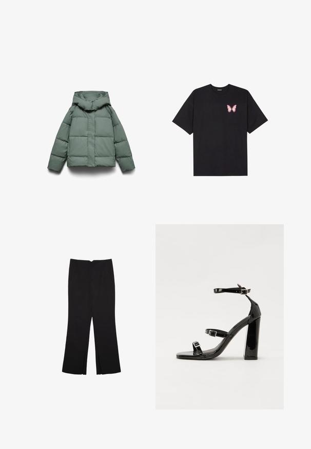 Zelená nadýchaná bunda so širokou kapucňou, s hranatým strihom, prešívanou textúrou a predným zipsom. Bez viditeľných kovových prvkov alebo vzorov.; Čierne bavlnené tričko s krátkymi rukávmi, s malým ružovým motýlikom na ľavej hrudi. Design s okrúhlym výstrihom a uvoľneným strihom.; Čierne nohavice so strihom rovného strihu, s prednými vreckami a bočnými rozparkami na leme. Vyrobené z mäkkej, hladkej tkaniny. Vhodné na rôzne príležitosti.; Čierne lakované sandále na podpätku so štvorcovou špičkou, navlečenými remienkami okolo členku a striebornými prackami. Disponujú masívnym blokovým podpätkom pre stabilitu.