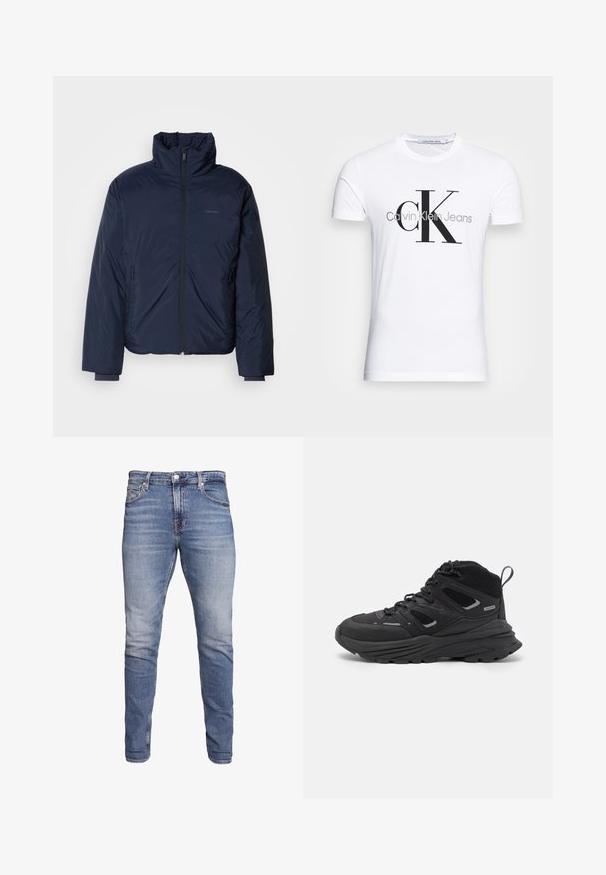 Marineblå quiltet puffjakke med høy krage og full frontglidelås. Har glidelåslommer på sidene og ribbestrikkede mansjetter for ekstra varme.; Hvit bomull T-skjorte med svart "CK" logo og "Calvin Klein Jeans" tekst, korte ermer og klassisk rund hals.; Blå tettsittende jeans med fem lommer, falmet vask, knappelukking og beltehemper, vist mot en hvit bakgrunn.; Sorte tursko med en lagdelt design, teksturert stoff og gummisåle, med forsterkede områder og snøring foran.