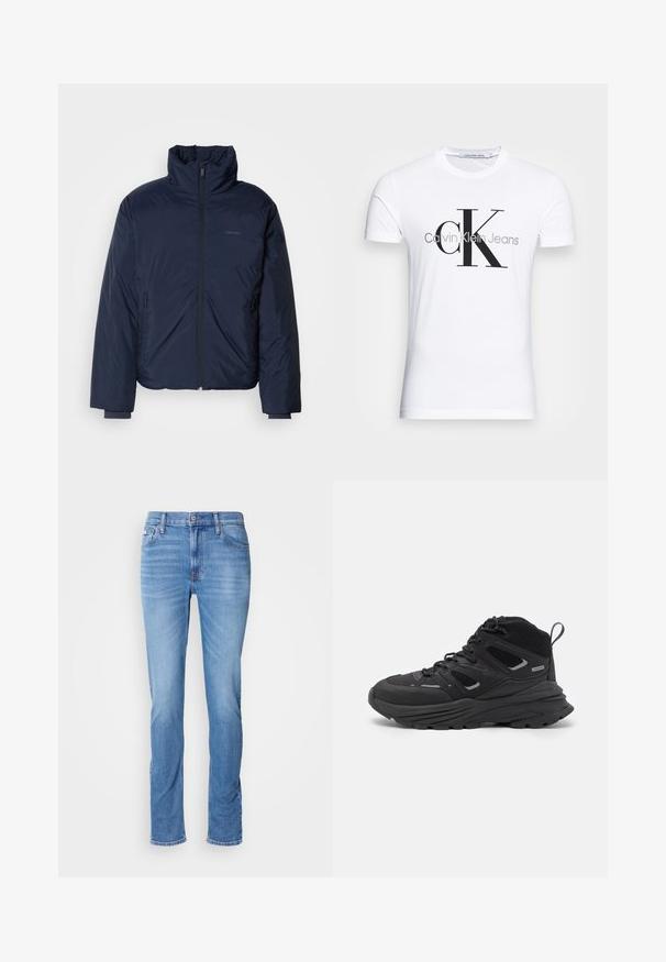 Navy quilted puffer jacket with high collar and full front zipper. Features zippered side pockets and ribbed cuffs for extra warmth.; White cotton t-shirt featuring a black "CK" logo and "Calvin Klein Jeans" text, short sleeves, and a classic round neckline.; Light blue slim-fit jeans with front button and zip closure, five pockets, and subtle fading on thighs and knees.; Black hiking shoes featuring a layered design, textured fabric, and rubber sole, with reinforced areas and a lace-up front.