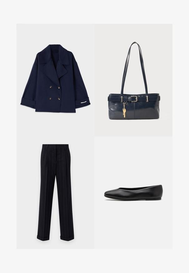 Casaco azul-marinho de dupla abotoadura com gola notched, botões dourados, mangas largas e detalhes em branco nas bainhas. Confeccionado em um tecido suave.; Sweater azul marinho escuro com decote redondo, mangas raglan longas, punhos canelados e barra reta. Feito de um material de malha macia e texturizada.; Calças pretas risca de giz com um ajuste sob medida, apresentando uma bainha com dobra e pregas frontais. Feitas de um tecido suave com um design estruturado.; Paul Smith TOPANGA - Sabrinas - black; Bolsa de couro azul-marinho com duas alças longas, um detalhe de fivela e um porta-chaves anexado. Apresenta uma textura suave e uma forma retangular.