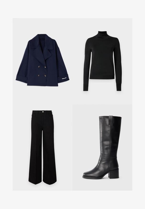 Tamsiai mėlynas dvigubas paltas su įpjovimu, auksinėmis sagomis, plačiomis rankovėmis ir baltais apykaklės detalėmis. Pagamintas iš lygaus audinio.; Juoda ilgomis rankovėmis turtleneko tipo megztinis su rebruotomis rankovėmis ir apačia, eksponuojamas ant paprasto balto fono.; Juodi plačiakojai džinsai, pagaminti iš tvirto audinio, su aukštu juosmeniu, priekinėmis kišenėmis ir priekiniais mygtukais. Lygus hem pastatytoje apačioje.; Juodos odinės iki kelių siekiančios botai su lygiu paviršiumi, kvadratiniu pirštu, storu kulnu ir šoniniu kilputė, su minimaliais siuvimo akcentais.