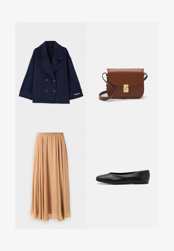 Casaco azul-marinho de dupla abotoadura com gola notched, botões dourados, mangas largas e detalhes em branco nas bainhas. Confeccionado em um tecido suave.; Sweater cropped de cor bege claro com gola alta com fecho, apresentando um padrão texturizado e mangas e bainha caneladas. Combina materiais tricotados e tecidos.; Saias maxi em bege claro, feitas de tecido leve. Apresenta um cós elástico franzido e pregas suaves para maior movimento.; Paul Smith TOPANGA - Sabrinas - black; Bolsa de couro castanho com fecho de aba, decoração em tom dourado, alça de ombro e textura suave. Formato retangular compacto.