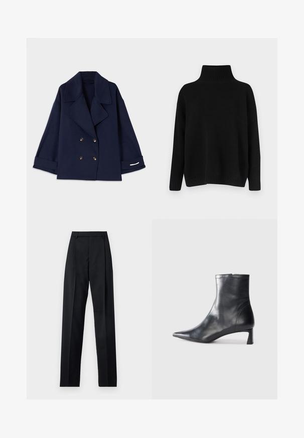 Palton dublu cu rever, de culoare bleumarin, cu nasturi aurii, mâneci largi și detalii albe la mansete. Fabricat dintr-un material neted.; Pulover negru tricotat, cu guler înalt cu dungi groase, umeri lăsați și croială lejeră. Are manșete și tiv cu dungi groase pentru textură.; Pantaloni negri dintr-un material neted, cu talie înaltă, picioare largi, pliuri frontale și loop-uri clasice pentru curea. Fără buzunare laterale vizibile.; Cizmă de gleznă din piele neagră cu vârf ascuțit și un design elegant. Dispune de un toc mic și de o închidere cu fermoar la spate. Textură netedă.