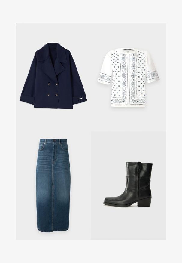 Laiv Blue kaksinkertainen takki, jossa on lovennokka, kultanapit, leveät hihat ja valkoiset hihannapit. Valmistettu sileästä kankaasta.; Valkoinen lyhythihainen paita, jossa on sinisiä kukkakirjontoja, pyöreä pääntie ja monimutkaiset kuviot edessä ja hihoissa.; Denim midi-hame tummansinisessä värissä, jossa on etuaukko ja kevyt kulutusjälki. Klassinen viiden taskun muotoilu metallinappisulkimella.; Musta nahkasaapas nilkkamittaisella varrella, pyöreällä kärjellä, lohkarekorolla, sivuvetoketjulla ja ompeluaksentilla varren yläosassa. Suora pinta, klassinen muotoilu.