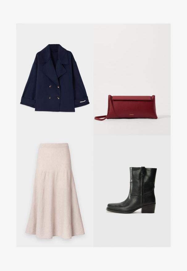 Námorně modrý dvouřadý kabát s klopovým límcem, zlatými knoflíky, širokými rukávy a bílými detaily na manžetách. Vyrobeno z hladké tkaniny.; Černý top bez rukávů s tenkými ramínky, vyrobený z žebrované tkaniny, se rovný střih a štítek na výstřihu s nápisem "IVY OAK."; Světlá béžová rozšířená sukně z měkké látky s vysokým pasem a řaseným designem s plynulou siluetou.; Černá kožená kotníková bota s kulatou špičkou, blokovým podpatkem, bočním zipem a prošíváním na svršku. Hladký povrch, klasický design.; Červená kožená kabelka na ruku s texturovaným povrchem, s plochým sklápěcím vrchem a krátkým popruhem. Jemné logo značky vepředu.